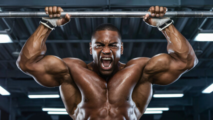 Muscular man doing pull ups at the gym strength training workout fitness