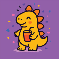 Cute yellow cartoon Stegosaurus dinosaur holding drink with straw surrounded by colorful confetti – fun kids party illustration