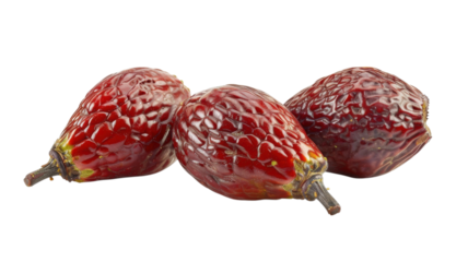 Ripe red fruits with textured skin displayed on a white background showcasing their natural shape and shine
