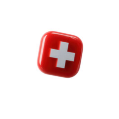 Obraz premium A glossy red square button featuring a white cross symbol. The button is presented on a transparent background, ideal for various graphic design applications.