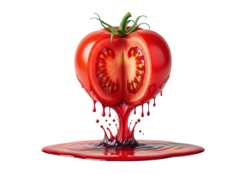 Split ripe tomato, vibrant red flesh, seeds, subtly merging into crimson watercolor on seamless transparent, soft studio light, high angle, artistic transformation concept.