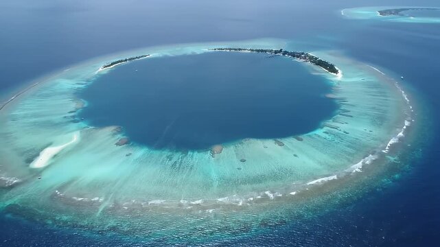 Aerial shot of a circular atoll with vibrant turquoise shallows and deep blue center lagoon