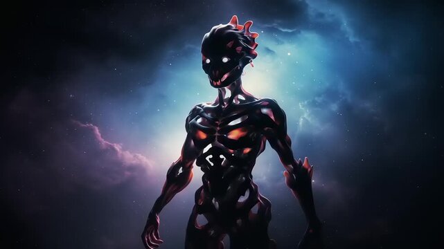Futuristic Alien Encounter Against Cosmic Nebula Background, Science Fiction Concept