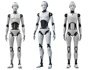 Humanoid robot set PNG. Robot cyborg powered with artificial intelligence isolated. Futuristic robot with metallic body and glowing eyes PNG. AI robot assistant isolated