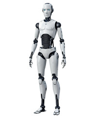 Naklejka premium Humanoid robot PNG. Robot cyborg powered with artificial intelligence isolated. Futuristic robot with metallic body and glowing eyes PNG. AI robot assistant isolated