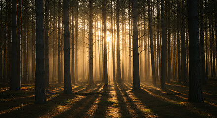 Fototapeta premium Golden Sunrise Rays Illuminating Misty Pine Forest; Serene, Atmospheric Landscape Photography.