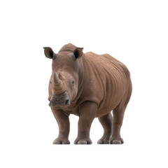 Fototapeta premium A majestic rhinoceros standing confidently against a white isolated background, showcasing its unique features and strength, symbolizing wildlife conservation and natural beauty.