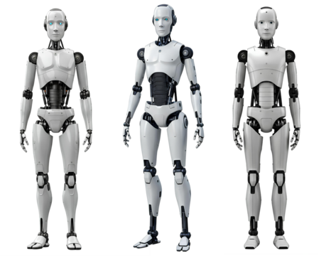 Humanoid robot set PNG. Robot cyborg powered with artificial intelligence isolated. Futuristic robot with metallic body and glowing eyes PNG. AI robot assistant isolated