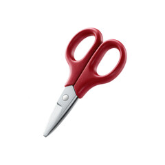 A pair of red-handled scissors with a shiny metallic blade, set against a white background. Ideal for crafting, school projects, or home use.