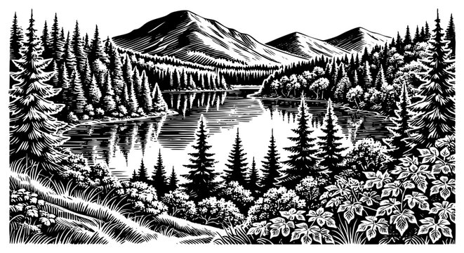 Lake with mountain forest landscape Vector black vintage engraving isolated on white
