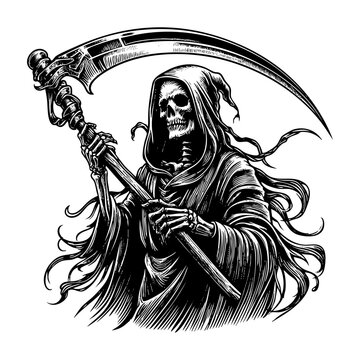 Grim reaper holding sickle in Engraved Vintage Style
