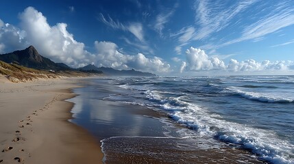 Naklejka premium Empty sandy beach with footprints leading to the distant ocean, surrounded by a wide open sky blank space, representing tranquility, natural coastal beauty, and perfect outdoor relaxation setting.