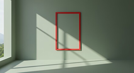 Minimalist Room with Red Window Frame and Natural Sunlight Casting Shadows