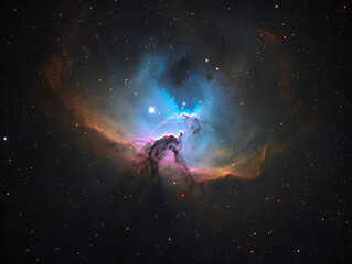 Fototapeta premium A lone man stands silhouetted against a vast, starry night sky filled with the swirling blues and purples of a distant galaxy