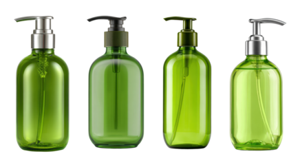 Green glass bottles for liquid products in various styles and sizes