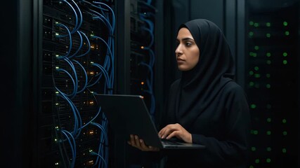 Muslim woman in a black hijab is standing in a server room holding a laptop, inspecting cables and lights, technical setting, security and technology atmosphere. - Powered by Adobe