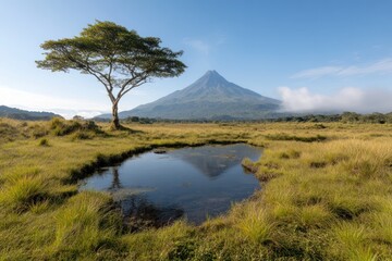 Ecuadorian Volcano Standing Tall with Blue Sky Background