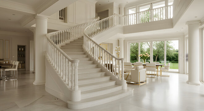 Luxury home interior design with staircase and dining area in bright white modern elegant style design concept