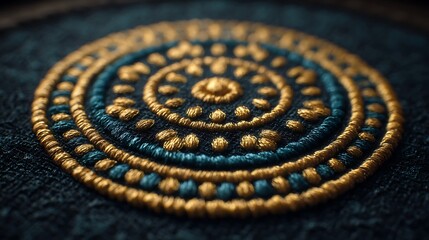 Naklejka premium Intricate Embroidered Circular Pattern with Gold and Blue Thread Detailing.