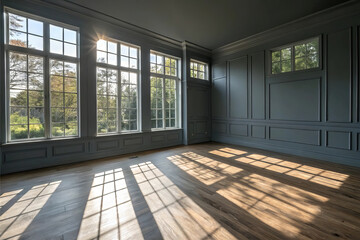 Fototapeta premium Sunlight streaming through large windows onto a wooden floor in a dark room