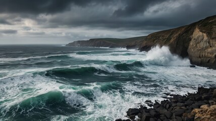 Obraz premium Coastal cliffside with crashing waves, overcast sky, moody atmosphere, rugged shoreline landscape