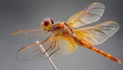 Close-up of a vibrant orange-yellow dragonfly, wings translucent, resting on a light-colored object