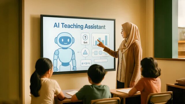 Interactive ai teaching aid demonstration in classroom setting with engaged students.