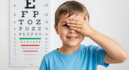 A Young Boy Covering One Eye During a Vision Test at an Optometrist's Office