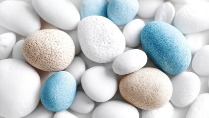 Close-up view of smooth stones in pastel colors.