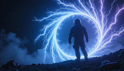 Silhouette of a person standing before a glowing blue and purple portal of lightning