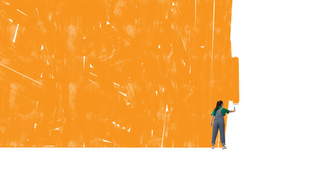 Contemporary collage of woman painting orange wall with wide copy space on left side. Concept of DIY, renovation, interior blogs, advertisement backgrounds, and creative layout design.