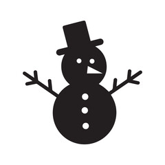 Simple snowman silhouette icon. Black winter character with top hat and carrot nose, isolated vector graphic for Christmas holiday.

