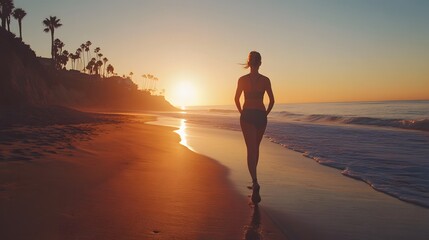 Fototapeta premium Photograph of a silhouetted figure walking along a beach during sunset.
