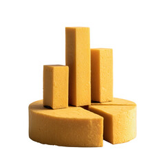 A vibrant arrangement of cheese slices in various shapes, showcasing their rich yellow color against a white isolated background, perfect for culinary presentations.