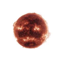 A vibrant depiction of the sun, showcasing its fiery surface and radiant glow against a black background. Ideal for use in educational materials or graphic projects.