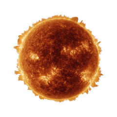 A vibrant depiction of the sun, showcasing its fiery surface and solar flares, illuminated against a black background. Ideal for educational and astronomical themes.