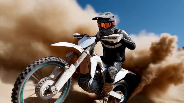 Exhilarating Stunt by Rider on Dirt Bike Kicking Up Dust in Outdoor Action, Showcasing Thrill of Motocross and Adventure in Desert Landscape