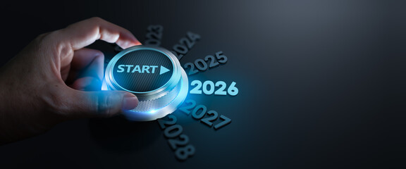 happy new year 2026,Finger about to twist the start button 2026 with the text 2024,2025,2026 and start on twist button.Concept of planning,start,career path,business strategy,opportunity and change