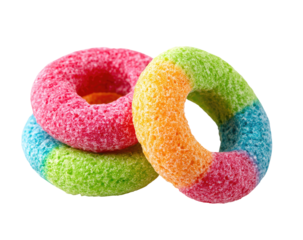 Three colorful, stacked, ring-shaped candies.  Vibrant, sugary, and chewy treats in rainbow colors.  Close-up, isolated on black