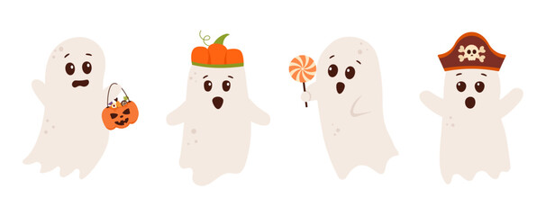 Fototapeta premium Set of Halloween ghost characters in costumes. Flat vector illustration.