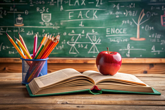 Open Book Pencils Apple and Chalkboard with Math Equations pages reading