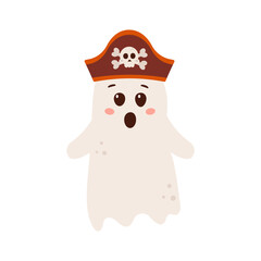 Cute pirate ghost in flat style. Halloween character isolated on white background.