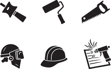 Essential construction tools and safety gear icons for industry projects