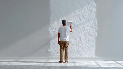 Man painting textured wall with roller in bright room, showcasing creativity in home renovation and modern interior design for DIY enthusiasts