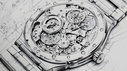 Detailed pencil drawing showcases an open mechanical watch movement with intricate gears and hands.