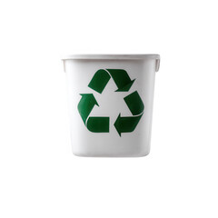 A white recycling bin featuring a green recycling symbol, promoting sustainability and eco-friendliness, ideal for waste management and environmental awareness themes.