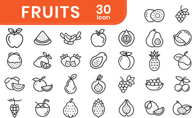 Set of Fruits and vegetable related icon set. Containing apple, banana, orange, grape, strawberry, watermelon, tomato, cucumber, cauliflower, eggplant, radish, mushroom, and more. Vector illustration