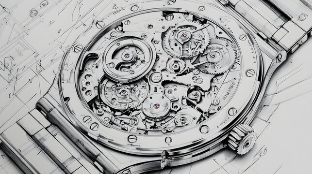 Detailed pencil drawing showcases an open mechanical watch movement with intricate gears and hands. - Powered by Adobe