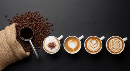 Coffee Artistry:  A captivating array of meticulously crafted coffee cups, each showcasing unique latte art, accompanied by a rustic sack overflowing with rich, aromatic coffee beans.