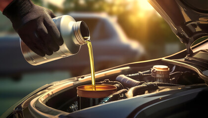 A gloved hand is pouring motor oil from a large container into the engine of a car, indicating routine vehicle maintenance. Generative AI